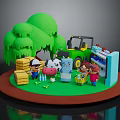 Cartoon Farm Characters With Farmer Children Cow Blue Creature Chick Green Trees And Tractor