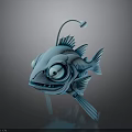 Blue Cartoon Fish with Big Eyes Sharp Teeth Fins and Lure