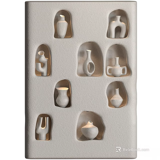 Modern Wall Storage Shelf With Illuminated Compartments And Various White Vases 3d model 