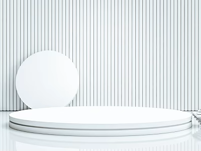 Commercial Equipment Display Stand With Circular White Multi Tiered Reflective Platform And Vertical Striped Wall 3d model