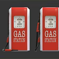Two Vintage Red And White Gas Station Fuel Pumps With Red Fuel Nozzles