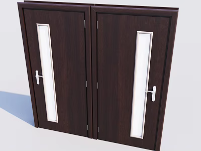 Dark Brown Double Security Door With Long Rectangular Glass Panels And Silver Handles 3d model