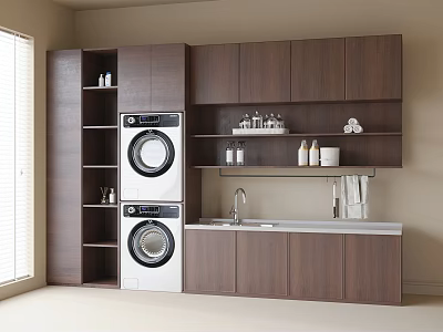Modern Laundry Room Design With Stacked Washer Dryer Cabinets Sink And Shelves 3d model