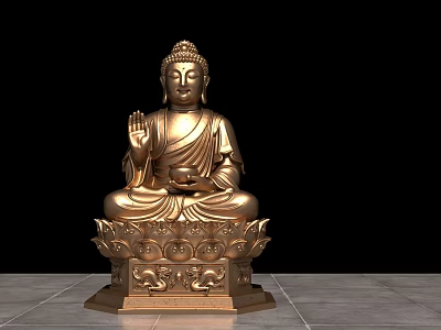 Golden Buddha Sculpture In Sitting Posture With Intricate Carvings On Lotus Base 3d model