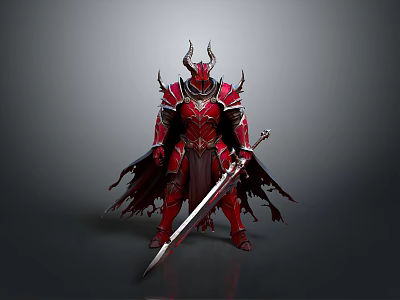 Mythical Spiked Sword With Ornate Details Held By Red Armored Horned Warrior 3d model
