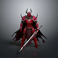 Mythical Spiked Sword With Ornate Details Held By Red Armored Horned Warrior