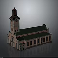Classical Church Building With Clock Tower Golden Spire Green Roof And Pink Walls