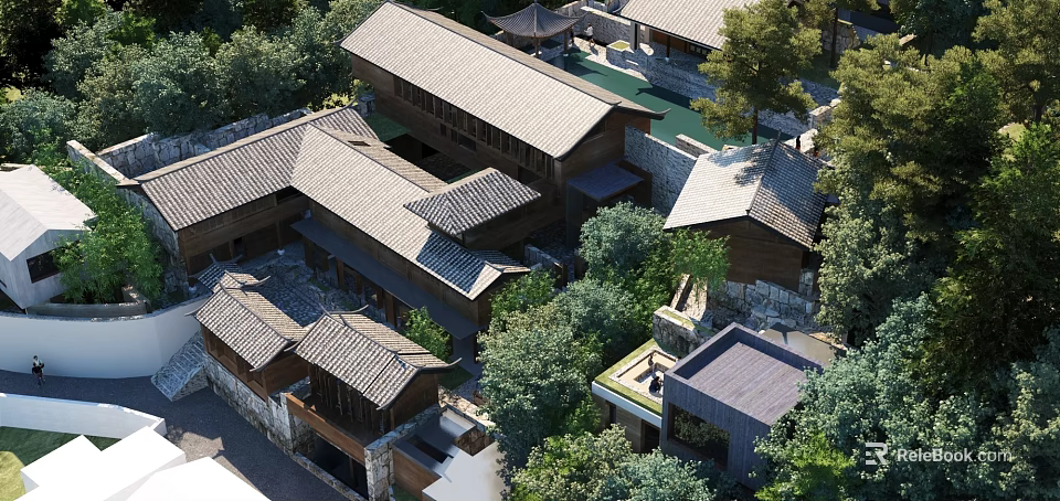 Traditional Homestay Architecture With Wooden Structure Tile Roof And Lush Tree Surroundings 3d model 