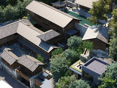 Traditional Homestay Architecture With Wooden Structure Tile Roof And Lush Tree Surroundings 3d model