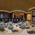 Luxurious KTV Lounge Interior With Blue Sofas Coffee Tables TV And Decorative Paintings