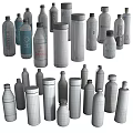 Stylish Decorative Ornament Set with Various Water Bottles Different Designs Transparent Bodies and Brand Labels