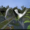 Modern Museum Building With Curved White Structure And Palm Tree Garden Water Features