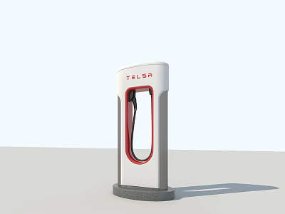 Public Tesla Electric Vehicle Charging Station With Modern Design And Charging Cable 3d model