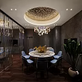 Elegant Private Dining Box With Round Table Blue Chairs Chandelier And Green Plants