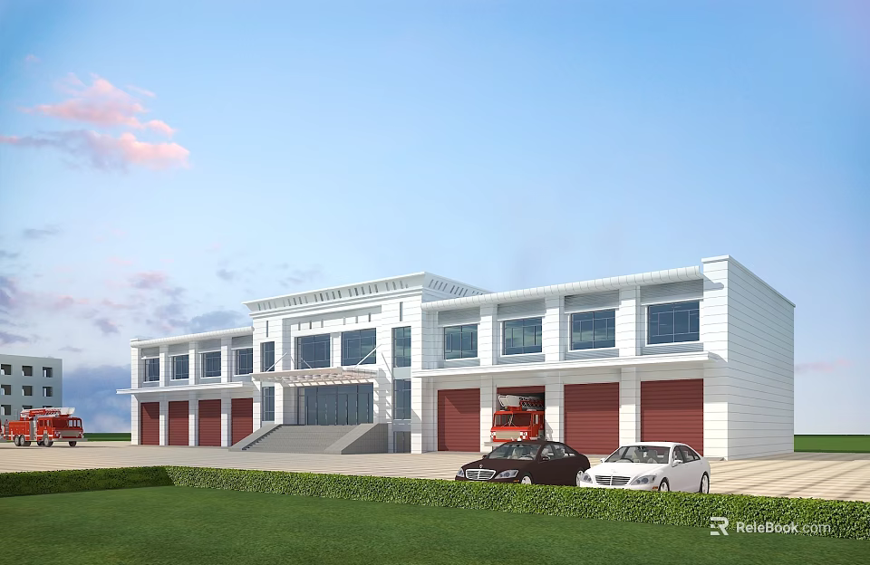 White Industrial Warehouse With Red Roller Doors And Vehicles On Green Lawn 3d model 