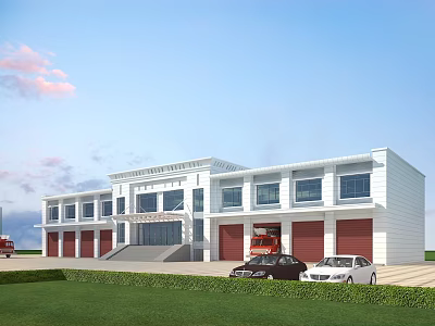 White Industrial Warehouse With Red Roller Doors And Vehicles On Green Lawn 3d model