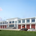 White Industrial Warehouse With Red Roller Doors And Vehicles On Green Lawn