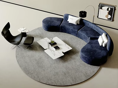 Curved Navy Blue Sofa Set With Round Gray Rug And White Marble Coffee Table 3d model