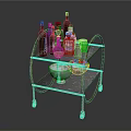 Brass Bar Cart With Wine Bottles Shakers And Glasses On Metal Shelves