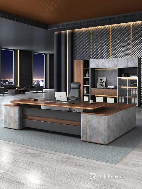 Modern Office Desk With Wooden Stone Design Laptop And Office Chair By Large Windows 3d model 
