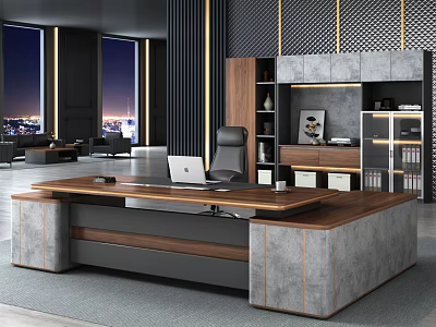Modern Office Desk With Wooden Stone Design Laptop And Office Chair By Large Windows 3d model