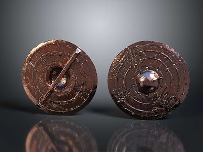 Antique Copper Circular Mirrors With Intricate Carved Patterns And Central Knob 3d model