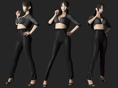 Woman in Black Crop Top and Tight Pants with High Heels Posing in Three Styles 3d model