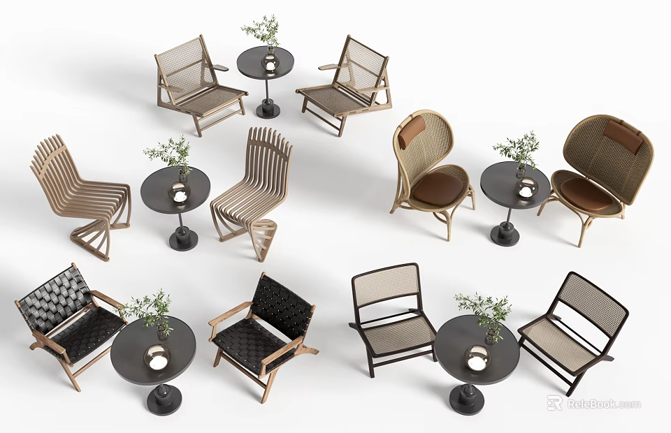 Various Woven And Wooden Outdoor Leisure Chairs With Round Side Tables And Green Plants 3d model 