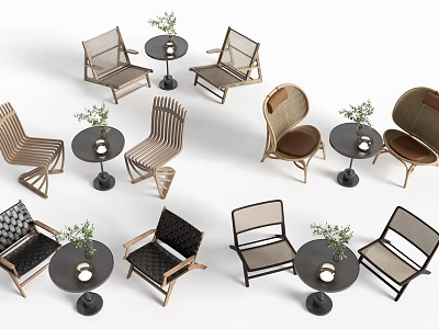 Various Woven And Wooden Outdoor Leisure Chairs With Round Side Tables And Green Plants 3d model