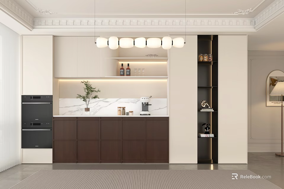 Modern Restaurant Kitchen Interior With Marble Countertop Pendant Lights And Cabinets 3d model 