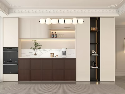 Modern Restaurant Kitchen Interior With Marble Countertop Pendant Lights And Cabinets 3d model