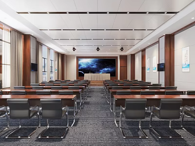 Modern Conference Room Interior With Long Tables Projector Screen And Wooden Panels 3d model