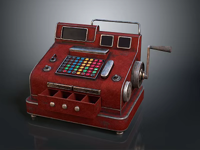 Vintage Red Cash Register Commercial Equipment with Colorful Buttons Drawer and Metal Handle 3d model