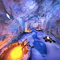 Ice Cave SPA Sauna With Snowy Ground Blue Water Channels Fire Pits And Wooden Railings