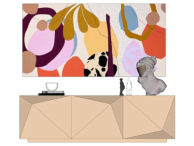 Artistic Interior Decor Featuring Abstract Colorful Painting Geometric Cabinet And Sculpture 3d model