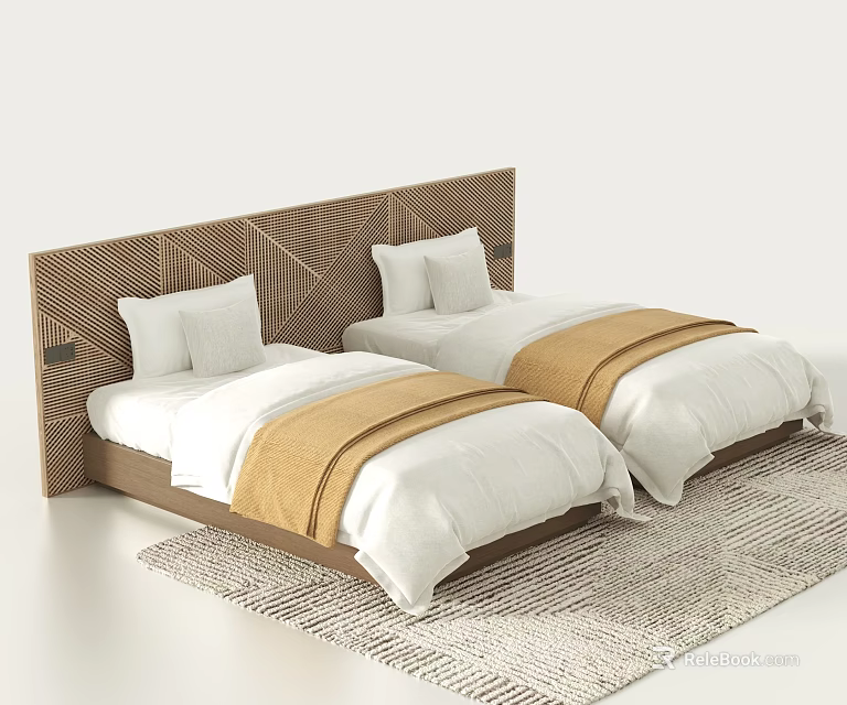 Double Bed with Woven Texture Headboard White Sheets and Brown Runners on Rug 3d model 