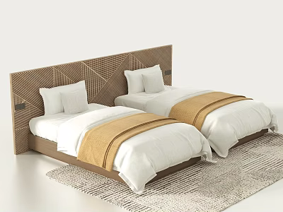 Double Bed with Woven Texture Headboard White Sheets and Brown Runners on Rug 3d model