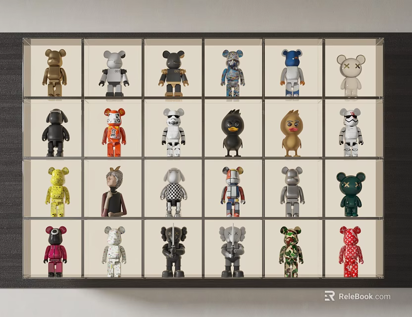 Clear Glass Display Cabinet Shelves with Multicolored Collectible Figurines Neatly Arranged 3d model 