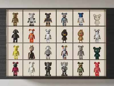 Clear Glass Display Cabinet Shelves with Multicolored Collectible Figurines Neatly Arranged 3d model