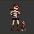 Girl With Red Cap Pigtails Striped Top Shorts Boots Standing With Dog In Red Collar