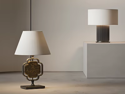 Two Modern Table Lamps With White Fabric Shades And Metal Bases In Interior 3d model