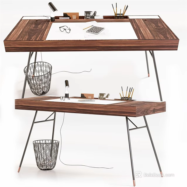 Modern Wooden Office Desk With Metal Frame Featuring Top Glasses Notebook And Wire Baskets 3d model 