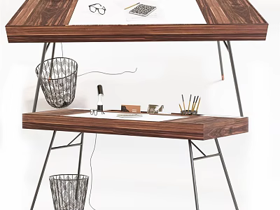 Modern Wooden Office Desk With Metal Frame Featuring Top Glasses Notebook And Wire Baskets 3d model