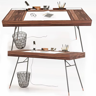 Modern Wooden Office Desk With Metal Frame Featuring Top Glasses Notebook And Wire Baskets 3d model
