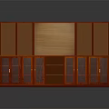 Red Wooden Bookcase Design With Central Marble Panel Cabinet Doors Below Open Shelves Above