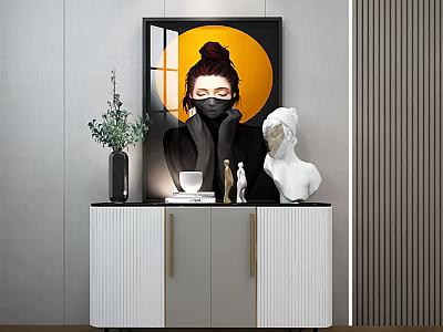 Elegant Entryway Console Cabinet With Golden Handles And Decorative Vase Sculpture Art 3d model