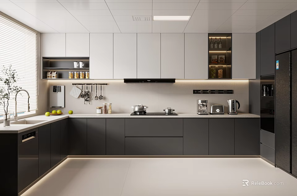 Modern Kitchen Interior With White And Dark Gray Cabinets Countertop And Appliances 3d model 