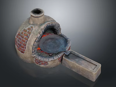 Decorative Ornament Set Featuring Brick Structure Frying Pan Flame Effect And Stone Base 3d model