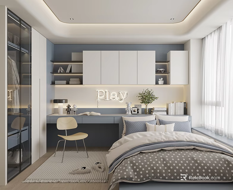 Modern Tatami Bedroom Interior Design With Wardrobe Desk Chair And Plant Decor 3d model 