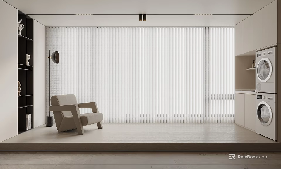 Modern Minimalist Interior Design With White Blinds And Beige Sofa By Window 3d model 